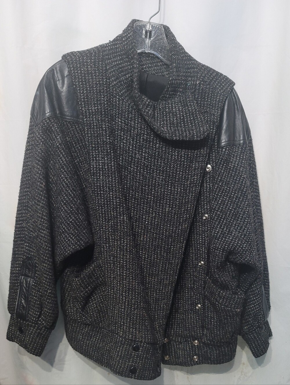 Vintage Black Heather Knit Jacket with Faux-Leather Accents 1980s